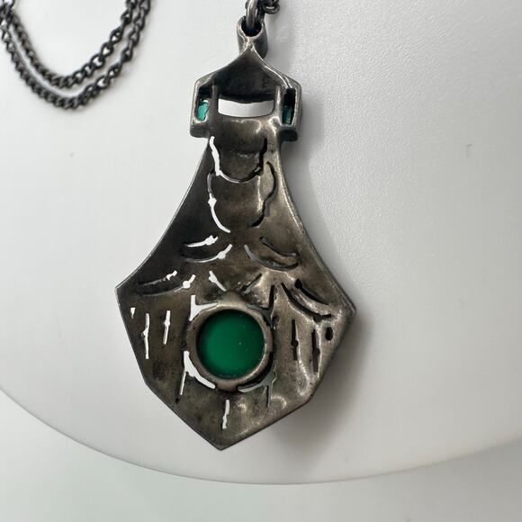 Antique French Art Deco sterling silver genuine chrysoprase marcasite necklace - Picture 5 of 10